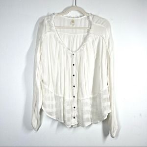 FREE PEOPLE Button Up Peasant Blouse Frayed Edges Boho Cottagecore Medium White